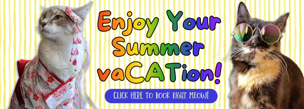 A summer banner featuring a cat in a yukata and a cat wearing sunglasses. It says "Enjoy Your Summer Vacation" with "cat" emphasized. The button says "Click here to book right meow."